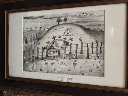 null Surrealist landscape. Drawing signed MARCEL JEAN on the lower left and framed....