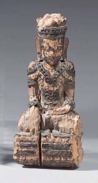 BIRMANIE - XVIIIe / XIXe siècle Statuette de bouddha Maravijaya en bois sculpté et...