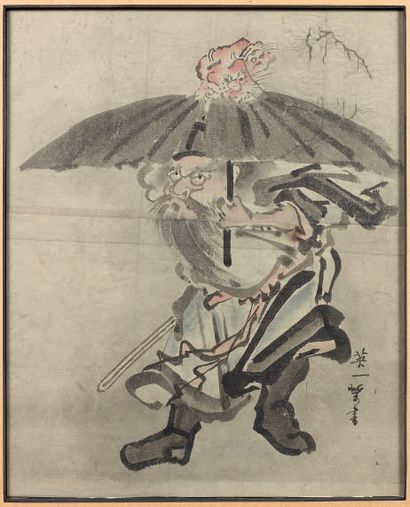 JAPON - Fin Époque EDO (1603-1868) Encre sur papier, Shoki tenant une ombrelle, un...