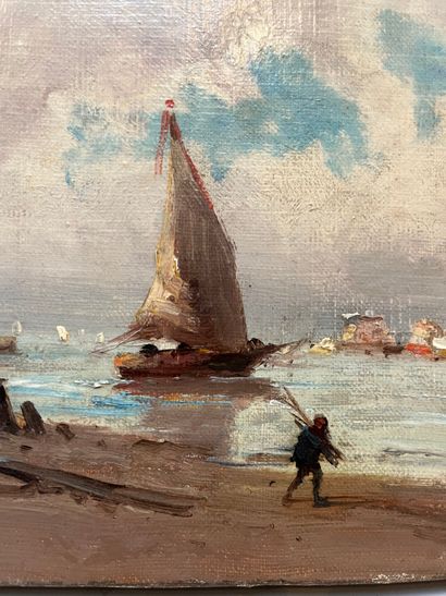 École du XIXe siècle White sail at the exit of the harbor
Oil on canvas, bears a...