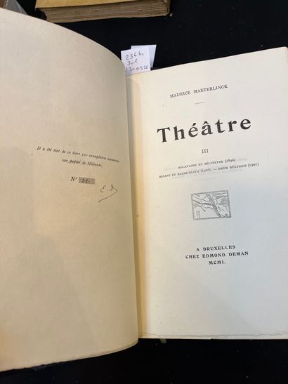 MAETERLINCK (Maurice) Théâtre. A Bruxelles, Chez Edmond Deman, 1901. 3 volumes in-8°,...