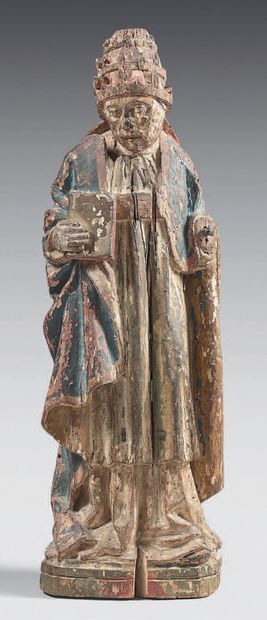 Grande figure de saint Pape en bois sculpté...