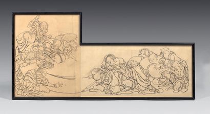 Katsushika Hokusai (1760-1849) Encre sur papier, quatorze personnages déroulant un...