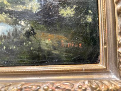 École du XIXe siècle Paysanne à la mare en sous-bois
Huile sur toile, porte une signature...