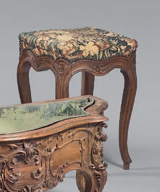null Musician's stool in molded and carved oak decorated with flowers and stylized...