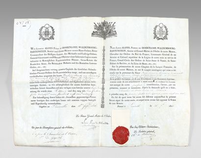 null Trois pièces concernant l'émigration et l'ordre du Phénix d'Hohenlohe : - Certificat...
