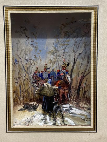 null A small diorama depicting cuirassiers in a wood, meeting a peasant girl with...
