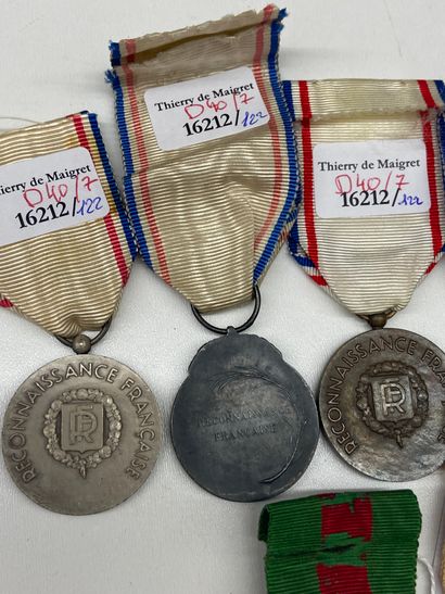null Sept médailles : deux de la Reconnaissance française, créée en 1917, 1er type,...