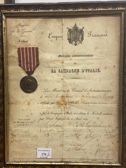 null Deux diplômes de la Médaille de la campagne d'Italie (1859), avec leurs médailles...