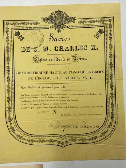 null Sacre de Charles X : billet pour l'église cathédrale de Reims, pièce in-4 sur...