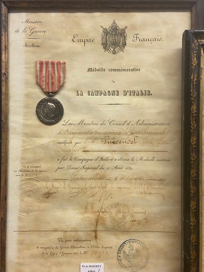 null Deux diplômes de la Médaille de la campagne d'Italie (1859), avec leurs médailles...