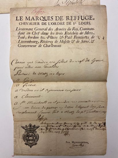 null Pièces diverses : - Lettre du Marquis de Reffuge, chevalier de Saint-Louis,...