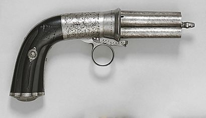 Rare pinfire pepperbox, four curly damascus...
