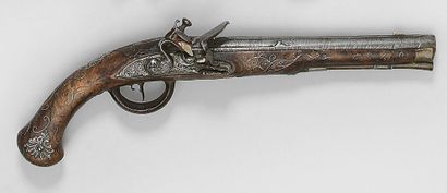 null Beautiful flintlock pistol, chased damascus ribbon barrel with silver inlays,...