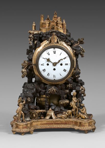 null Molded, carved, gilded and patinated basswood clock with the theme of the siege...