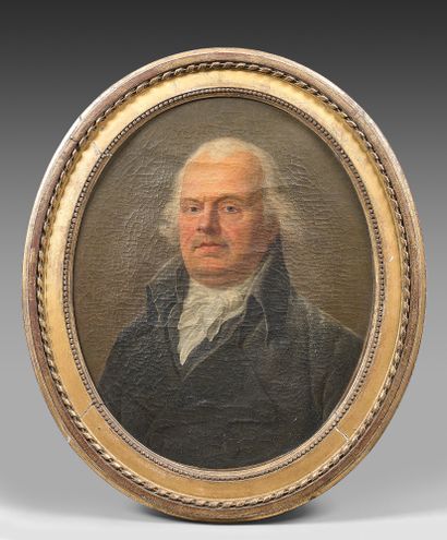 École FRANÇAISE de la fin du XVIIIe siècle Portrait of a man with a white tie
Oval...