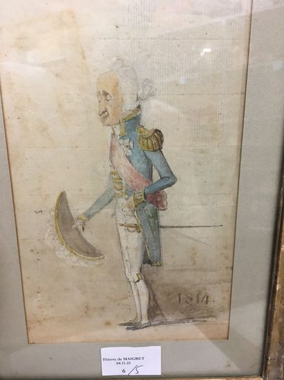 null Dessin aquarellé représentant probablement Talleyrand, signé et daté 1814 en...