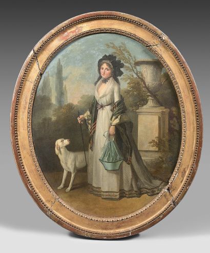 École FRANÇAISE de la fin du XVIIIe siècle Femme au chien 
Toile ovale.
Monogrammé...