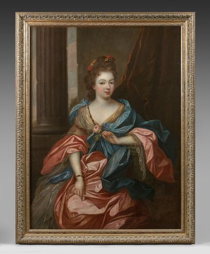 Ecole ANGLAISE vers 1700 Portrait de femme à la rose 
Toile (accidents).
131 x 98...