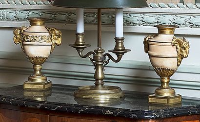 null Paire de vases en albâtre et bronze doré et ciselé, sur piédouche, décor de...