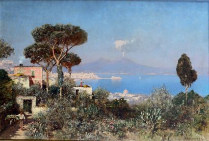 Edmund BERNINGER (1843-1929) La baie de Naples, femme sur une terrasse
Huile sur...