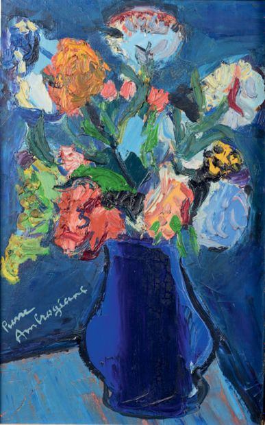 Pierre AMBROGIANI (1907 - 1985) Bouquet au vase bleu fond bleu
Huile sur toile, signée...