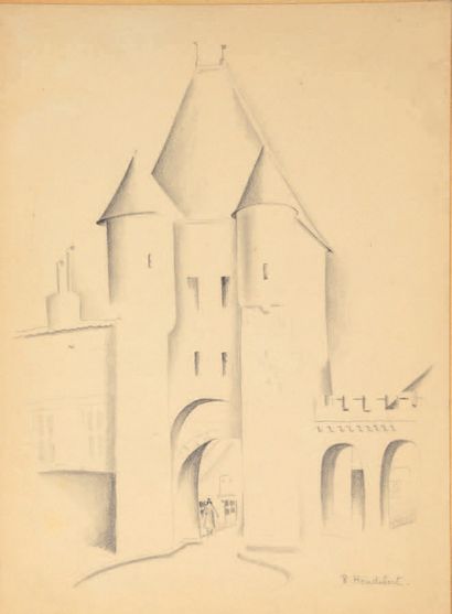 Raymonde HEUDEBERT (1905-1991) View of a city Six drawings in black pencil and stump,...
