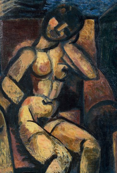Marcel GROMAIRE (1843-1918) Small nude leaning in the leather armchair
Oil on canvas...