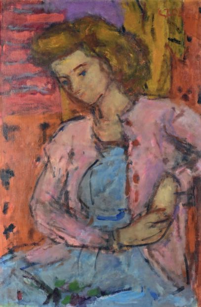 Béla Adalbert CZÓBEL (1883-1976) * Femme assise au gilet rose, 1960
Huile sur toile,...
