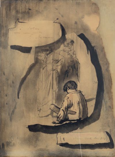 Eugène Gustavotich BERMAN (1899 - 1972) Enfant assis de dos, et deux personnages,...