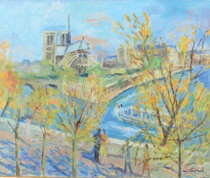 René LEVREL (1900-1981) Début de printemps, Notre Dame vue du Quai de Montebello,...