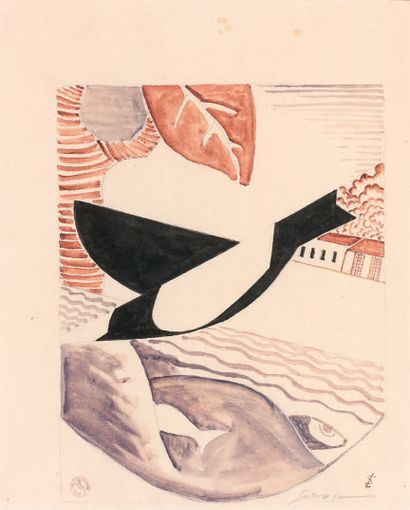 Léopold SURVAGE (1879 - 1968) L'hirondelle Aquarelle et gouache, signée et porte...