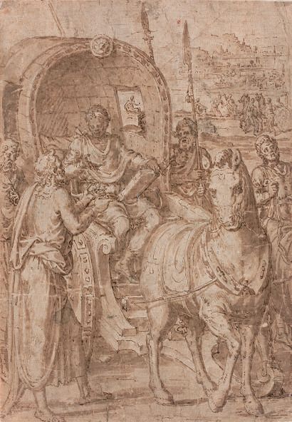 Attribué à Maarten de VOS (1532-1603) Saint Philippe et le baptême de l'Eunuque éthiopien
Plume...