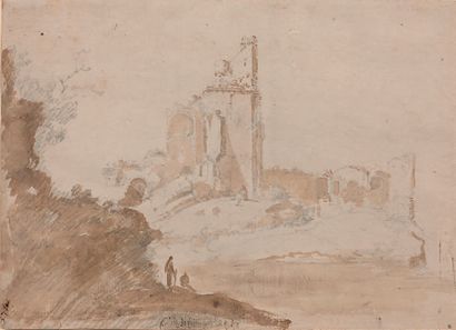 Gilliam DUJARDIN (1597-1647) Paysage avec des personnages regardant une tour en ruine
Pierre...