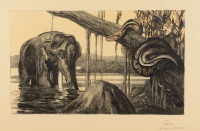 null Paul JOUVE (1878-1973). Eléphant et python. Lithographie originale en couleur...