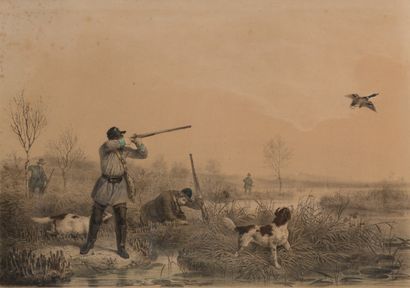 null F. GRENIER. Hunting in the marsh. The pheasant shed. Two framed engravings....