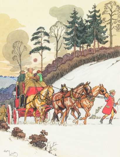 null Harry Eliott (1882-1959). Stagecoach in the Snow. Watercolor on paper signed...