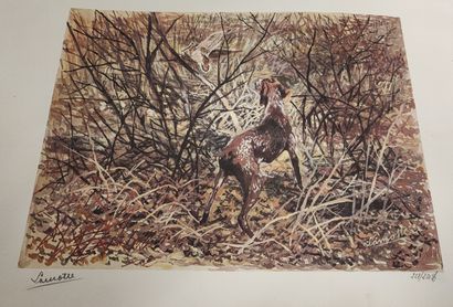null LAMOTTE (Gabriel CHEFSON). Woodcock hunting. Lithograph in colors signed in...