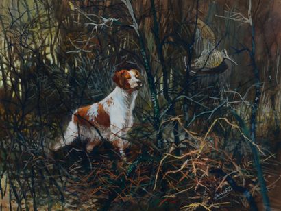 null LAMOTTE (Gabriel CHEFSON) (1920-2005). Dog at the stop and woodcock. Watercolor...