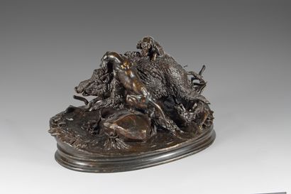 null Jules MOIGNIEZ (1835-1894). The charge of the boar. Bronze with brown patina...
