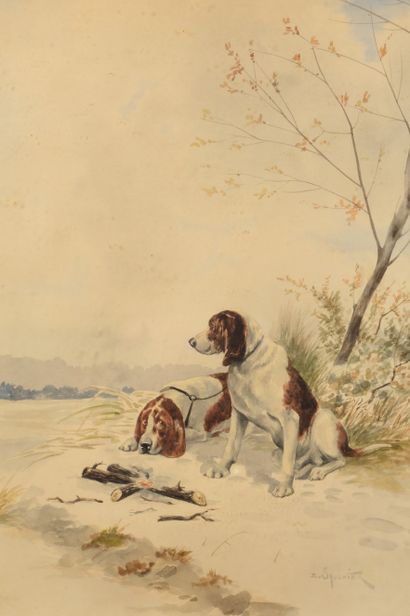 null Edma SAULNIER (1801-1878). Deux chiens au repos devant un feu. Aquarelle sur...