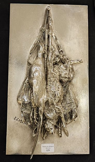 null Pierre Jules MENE (1810-1879). Trophy with hare, pheasant and game bag. Silver...