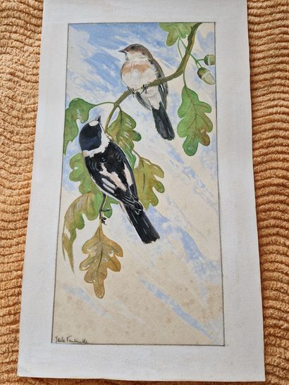 null Jean de LA FONTINELLE (1900-1974). Deux oiseaux sur une branche de chêne. Aquarelle...