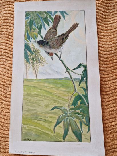 null Jean de LA FONTINELLE (1900-1974). Two black-headed warblers. Watercolor on...