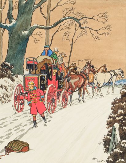 null Harry Eliott (1882-1959). Stagecoach in the Snow. Watercolor on paper signed...