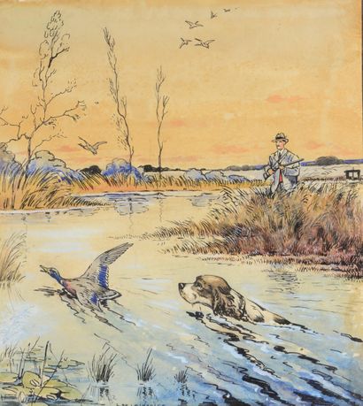 null Louis de LAJARRIGE (1873-1939). The hunting of the Mallard. Watercolor on paper...