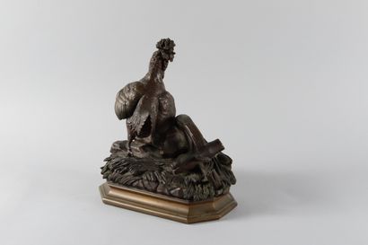 null Jules MOIGNIEZ (1835-1894). Hen and wheel. Bronze with brown patina signed in...
