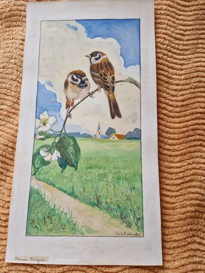 null Jean de LA FONTINELLE (1900-1974). Two sparrows friquet. Watercolor on paper...