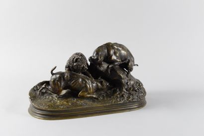 null Pierre Jules MENE (1810-1879). Three dogs at the burrow. Group in bronze with...