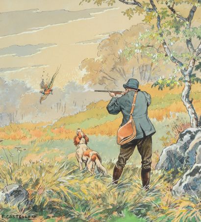 null F. CASTELLAN. Pheasant hunting. Watercolor on paper signed lower left and framed....